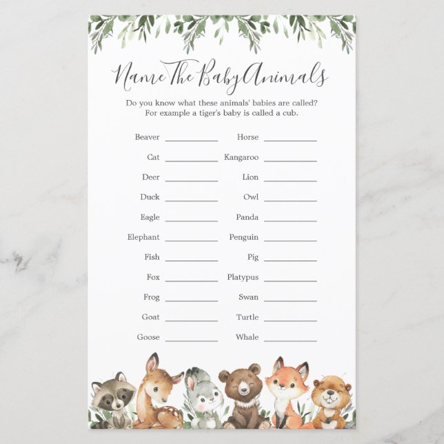 Woodland Animals Baby Shower Name The Baby Animals (Front)