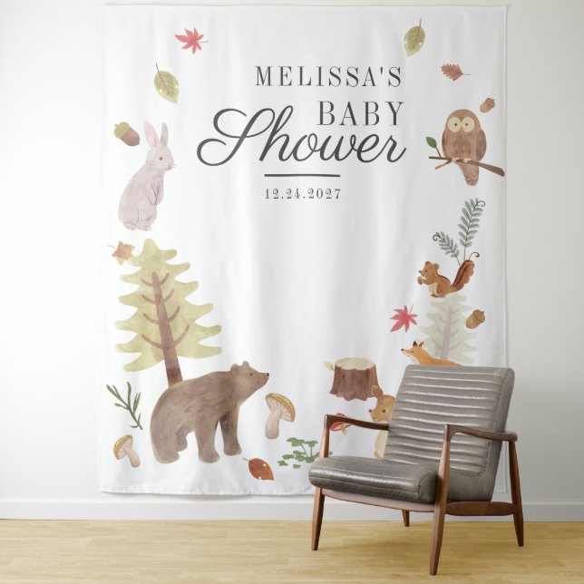 Woodland Animals Baby Shower Photo Booth Backdrop Tapestry (In Situ)