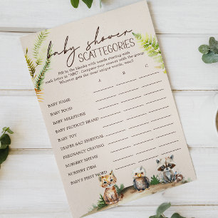 Woodland Animals Baby Shower Scattegories Game Flyer