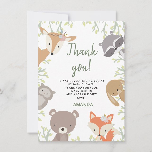 Woodland Animals Baby Shower Thank You Card (Front)
