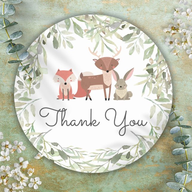 Woodland Animals Baby Shower Thank You Classic Round Sticker (Woodland Animals Baby Shower Thank You Classic Round Sticker)