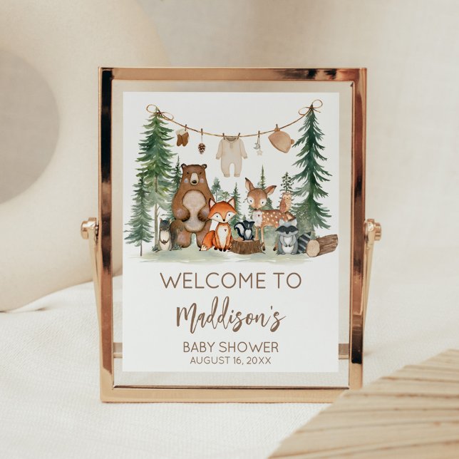 Woodland Animals Baby Shower Welcome Sign (Woodland Animals Adventure Awaits Rustic Baby Shower Sign)