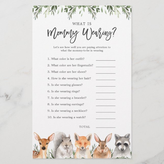 Woodland Animals Baby Shower What is Mummy Wearing (Front)