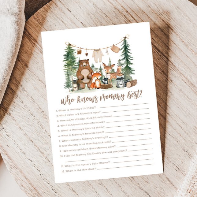 Woodland Animals Baby Shower Who Knows Mommy Game (Woodland Animals Adventure Awaits Rustic Baby Shower Game)