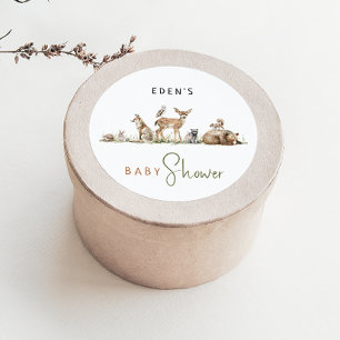 Woodland Animals Baby Shower With Name Favour Classic Round Sticker