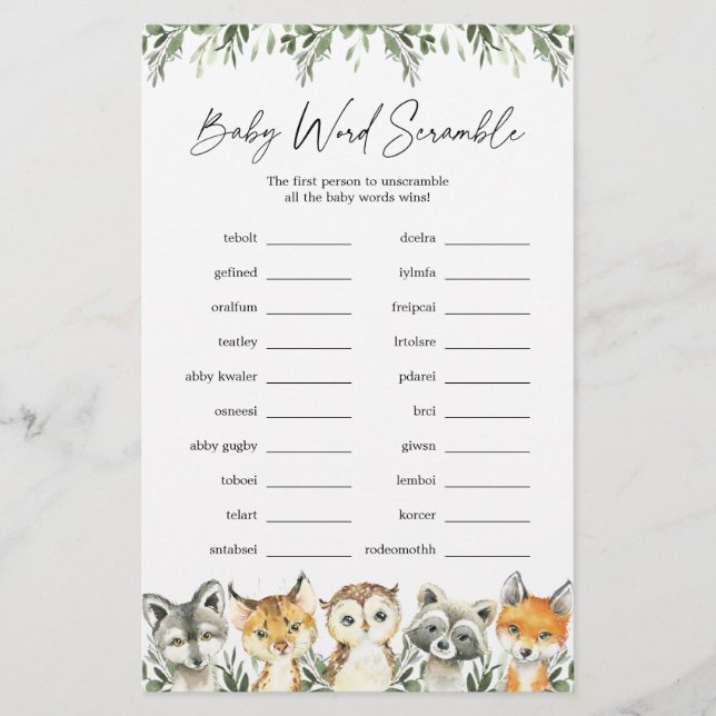 Woodland Animals Baby Shower Word Scramble Game (Front)
