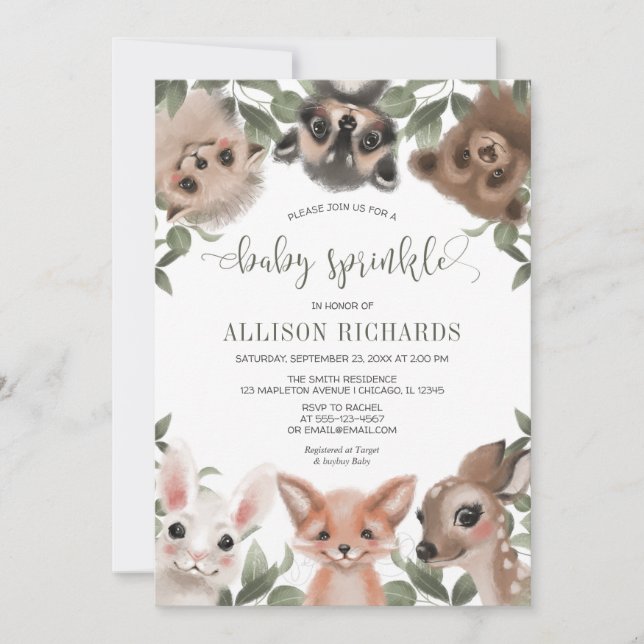 Woodland animals baby sprinkle gender neutral invitation (Front)