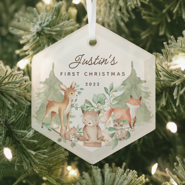Woodland Animals Baby's First Christmas Glass Tree Decoration (Insitu)