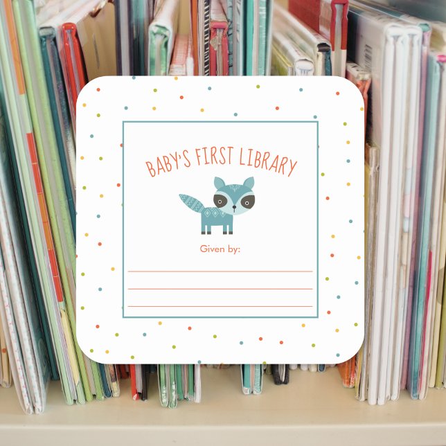 Woodland Animals Baby's First Library bookplate Square Sticker (Creator Uploaded)