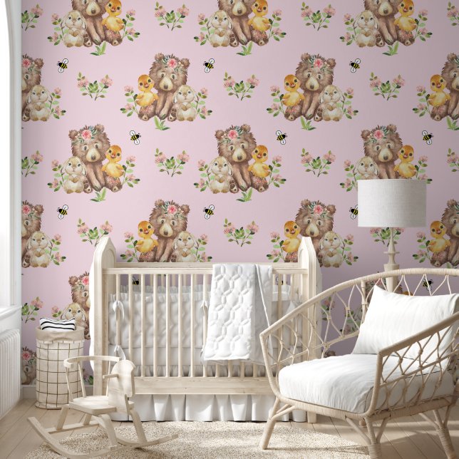 Woodland Animals Bear Duck Bunny Baby Girl Nursery Wallpaper (Kids)