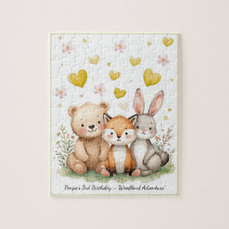 Woodland Animals Bear Fox Bunny Yellow Heart Jigsaw Puzzle