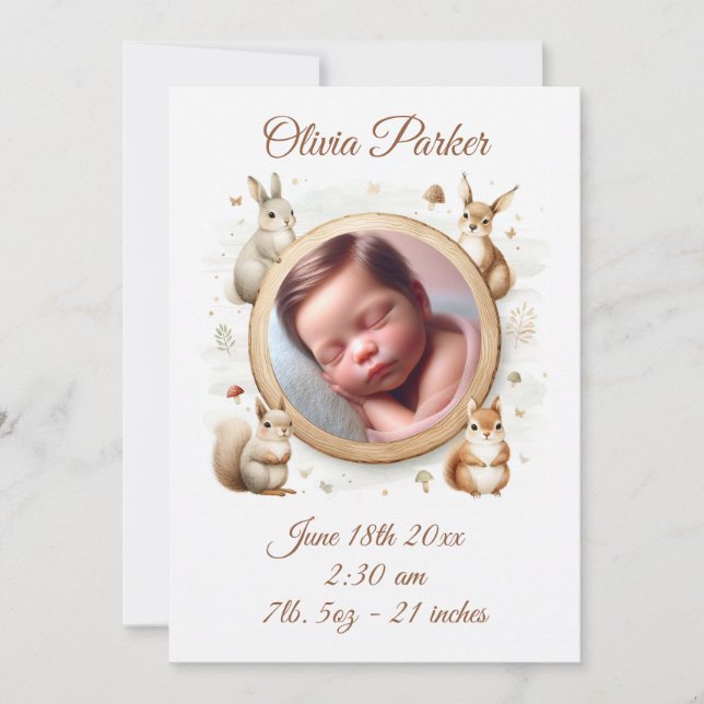 Woodland Animals Birth Announcement Card (Front)