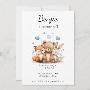 Woodland Animals Birthday Bear Fox Bunny Boy Blue Invitation