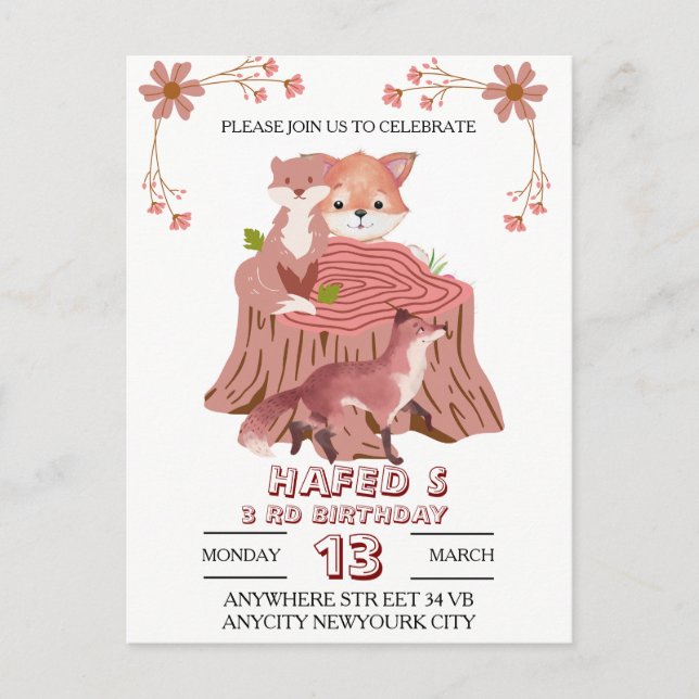 Woodland Animals Birthday Invitation: Fall Forest  Postcard (Front)