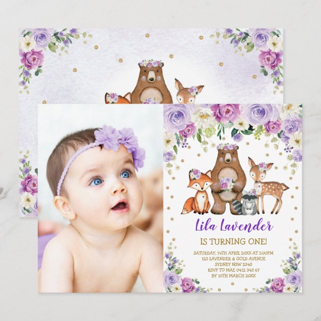Woodland Animals Birthday Lavender Purple Floral Invitation (Front/Back)