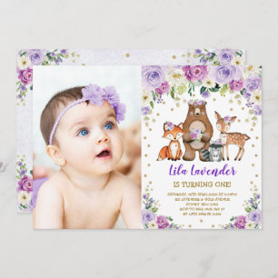 Woodland Animals Birthday Lavender Purple Floral Invitation