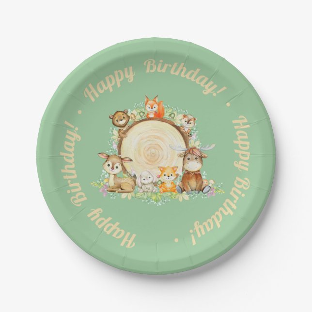 Woodland Animals Birthday Paper Plates (Front)