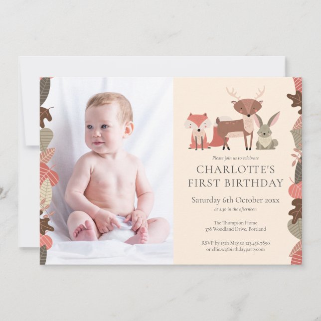 Woodland Animals Birthday Party Photo Invitation (Front)