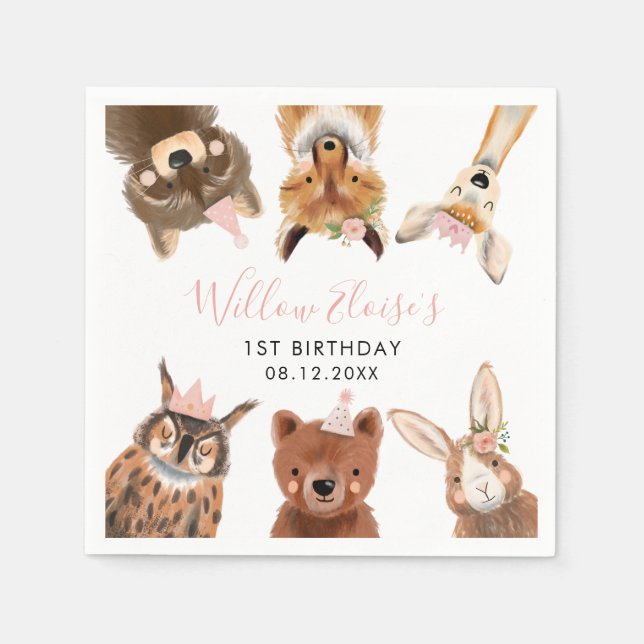 Woodland Animals Birthday Party Pink Napkin (Front)