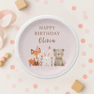 Woodland Animals Birthday Pink Paper Plate
