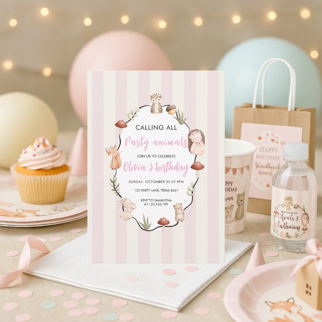 Woodland Animals Birthday | Pink Stripes Girl Invitation (Creator Uploaded)