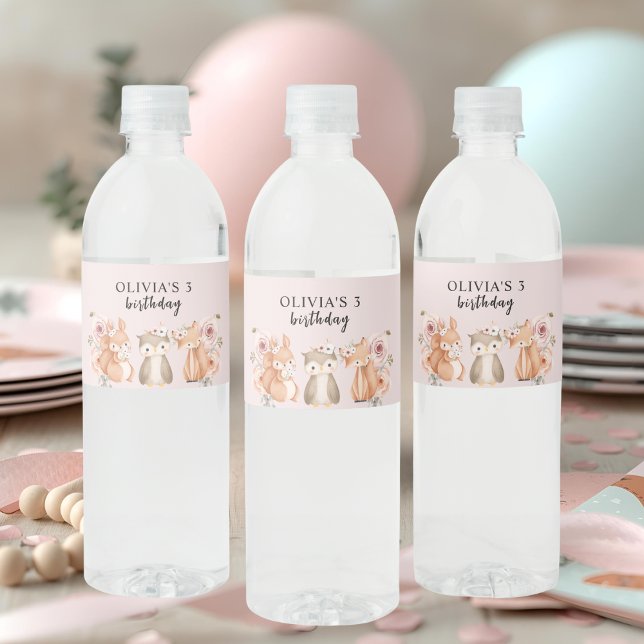 Woodland Animals Birthday Pink Water Bottle Label (Creator Uploaded)