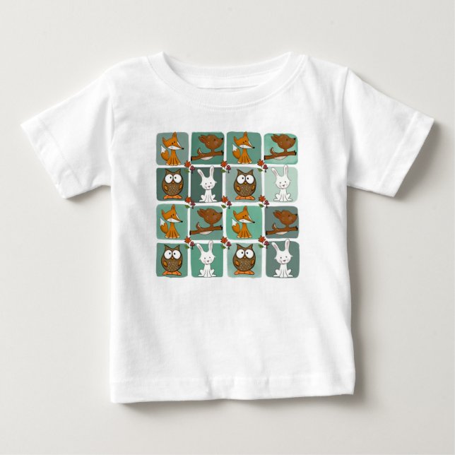 Woodland Animals Block Pattern Baby T-Shirt (Front)