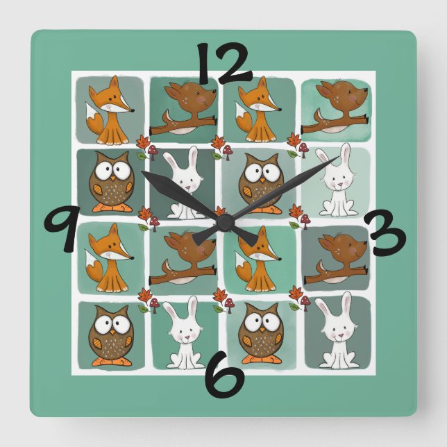 Woodland Animals Block Pattern Square Wall Clock (Front)