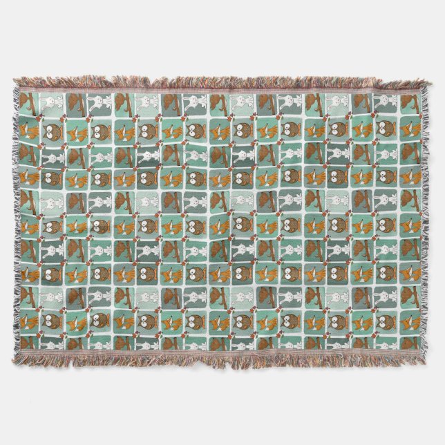Woodland Animals Block Pattern Throw Blanket (Front)