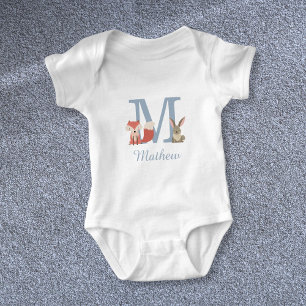Woodland Animals Blue Baby Boy Initial Monogram Baby Bodysuit