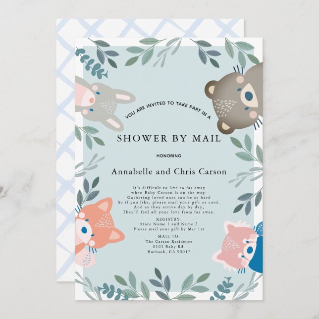 Woodland Animals Blue Boy Baby Shower by Mail Invitation (Front/Back)