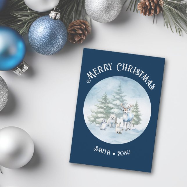 Woodland Animals Blue Christmas Flat Holiday Card (Woodland creatures Merry Christmas card in dark blue)