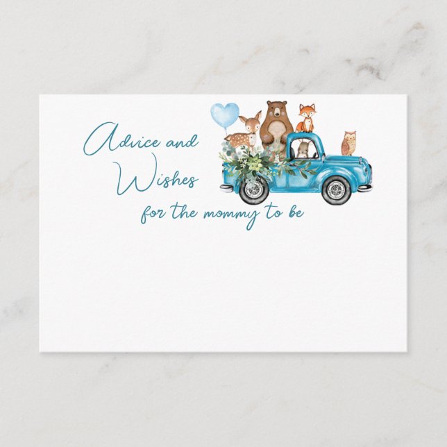 Woodland Animals Blue Truck Baby Shower Advice Card (Front)