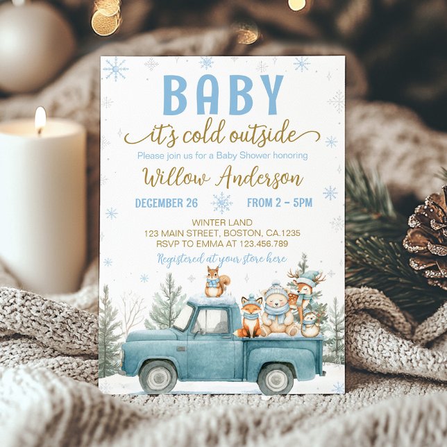 Woodland Animals Blue Truck Winter Baby Shower Invitation (Creator Uploaded)