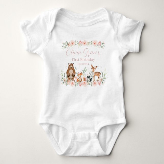 Woodland Animals Blush Floral 1st Birthday Outfit  Baby Bodysuit (Front)