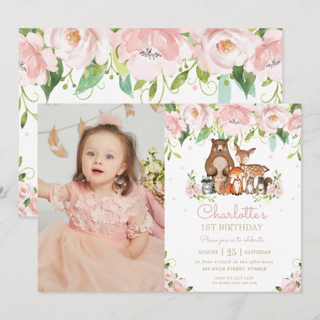 Woodland Animals Blush Floral 1st Birthday Photo Invitation (Front/Back)