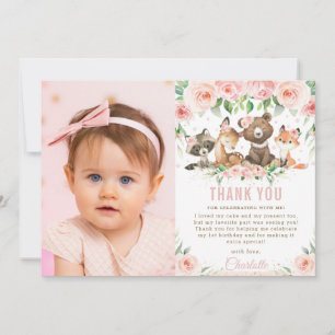 Woodland Animals Blush Floral 1st Birthday Photo Thank You Card