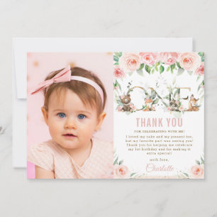 Woodland Animals Blush Floral 1st Birthday Photo Thank You Card