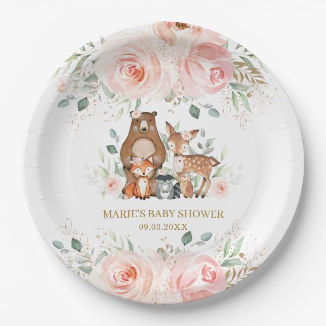 Woodland Animals Blush Floral Baby Shower Birthday Paper Plate (Front)