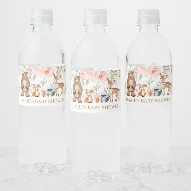 Woodland Animals Blush Floral Baby Shower Birthday Water Bottle Label (Bottles)