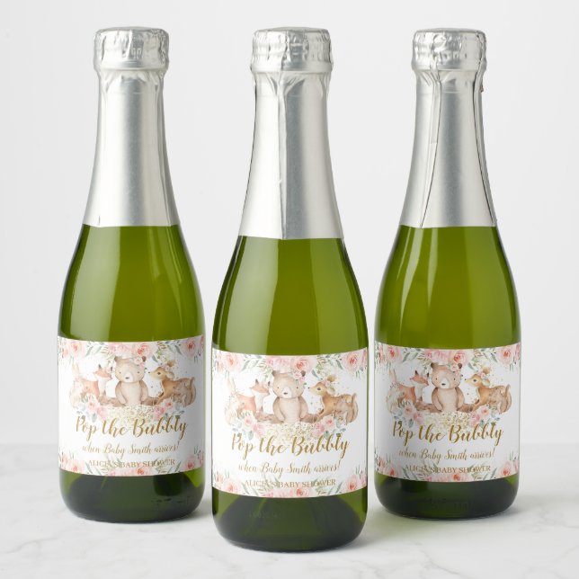 Woodland Animals Blush Floral Baby Shower Pop Sparkling Wine Label (Bottles)