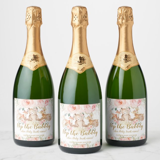Woodland Animals Blush Floral Baby Shower Pop  Sparkling Wine Label (Bottles)