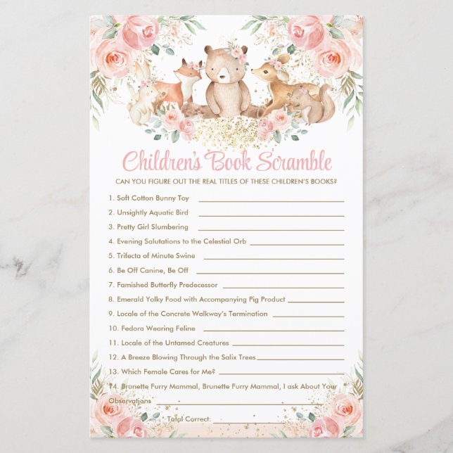 Woodland Animals Blush Floral Children's Book Game (Front)