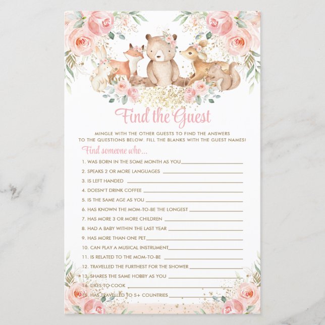 Woodland Animals Blush Floral Find the Guest Game (Front)