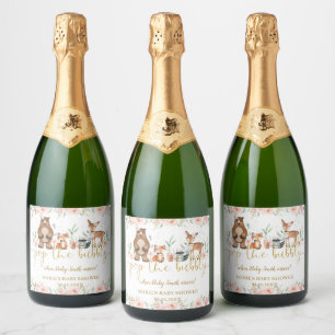 Woodland Animals Blush Floral Pop the Bubbly  Sparkling Wine Label