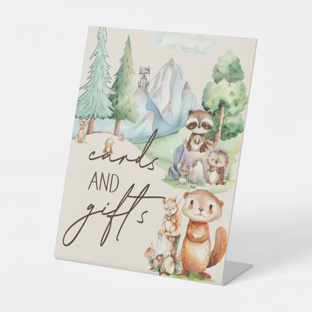 Woodland Animals Boho Baby Shower Cards Gifts Pedestal Sign (Front)