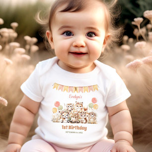 Woodland Animals Boho Name Girl 1st Birthday Baby Bodysuit