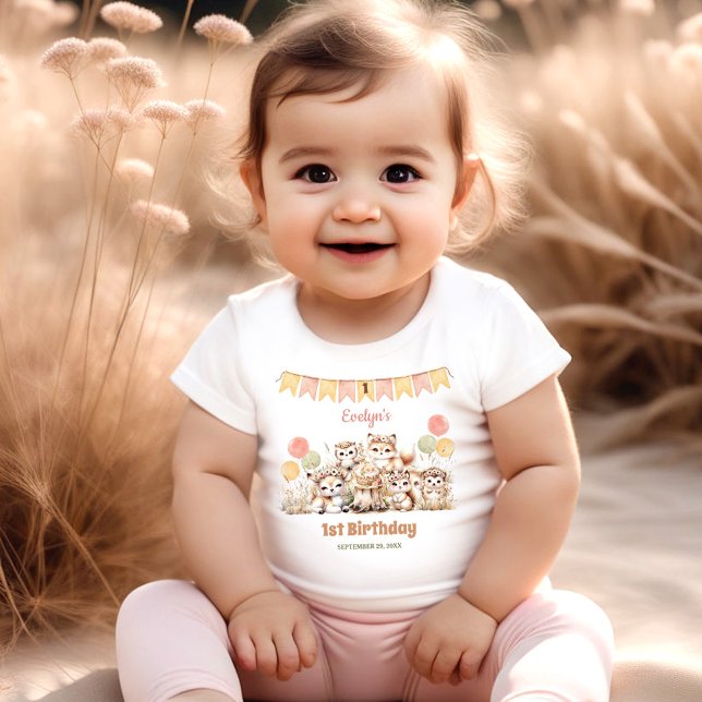Woodland Animals Boho Name Girl 1st Birthday  Baby T-Shirt (Woodland Animals Boho Name Girl 1st Birthday Baby T-Shirt)