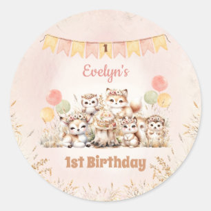 Woodland Animals Boho Pastel Girl 1st Birthday  Classic Round Sticker