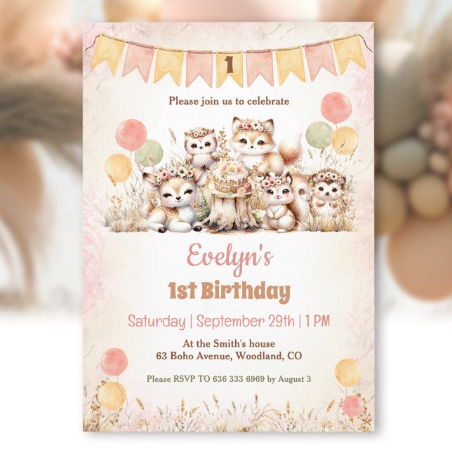 Woodland Animals Boho Pastel Girl 1st Birthday  Invitation (Woodland Animals Boho Pastel Girl 1st Birthday Invitation)